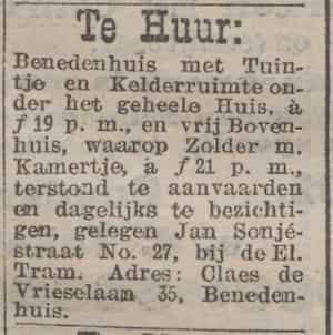 Artikel 'Te Huur:' uit Rotterdamsch nieuwsblad van 2 mei 1904
