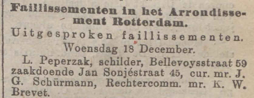 Artikel 'Faillissementen in het Arrondissement Rotterdam.' uit Rotterdamsch nieuwsblad van 19 dec 1907
