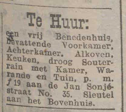 Artikel 'Te Huur:' uit Rotterdamsch nieuwsblad van 2 mei 1904
