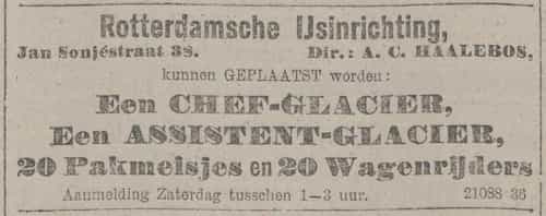 Artikel 'Een chef-glacier, Een assistent-glacier, 20 Pakmeisjes en 20 Wagenrijders' uit De Maasbode van 28 okt 1926
