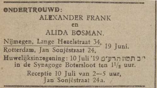 Artikel 'Alexander Frank en Alida Bosman.' uit Rotterdamsch nieuwsblad van 5 mei 1909
