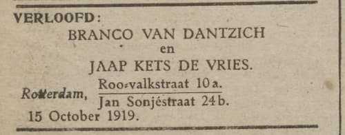 Artikel 'Branco van Dantzich en Jaap Kets de Vries.' uit Rotterdamsch nieuwsblad van 5 mei 1909

