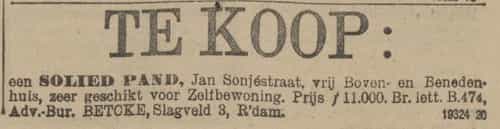 Artikel 'Te koop:' uit Rotterdamsch nieuwsblad van 2 mei 1904
