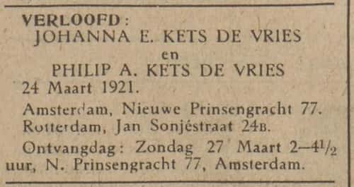 Artikel 'Johanna E. Kets de Vries en Philip A. Kets de Vries' uit Rotterdamsch nieuwsblad van 5 mei 1909
