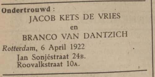 Artikel 'Jacob Kets de Vries en Branco van Dantzich' uit Rotterdamsch nieuwsblad van 5 mei 1909
