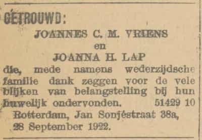 Artikel 'Joannes C.M. Vriens en Joanna H. Lap' uit De Maasbode van 28 okt 1926
