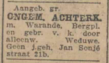 Artikel 'ongemeubileerde achterkamer' uit Rotterdamsch nieuwsblad van 5 nov 1925