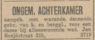Artikel 'Ongemeubileerde achterkamer' uit Rotterdamsch nieuwsblad van 2 mei 1904
