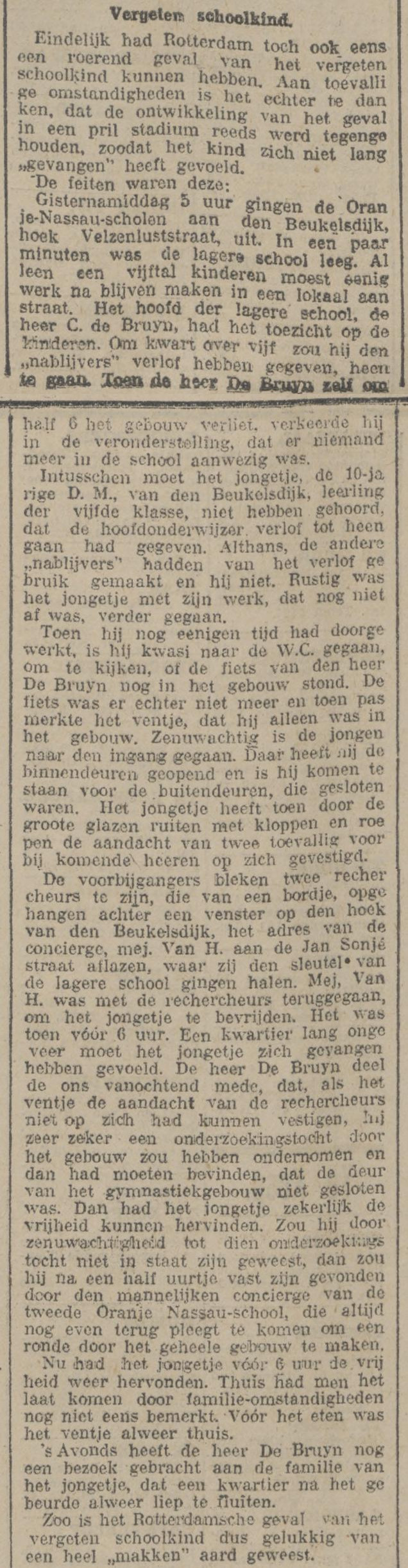 Artikel 'Vergeten schoolkind.' uit Rotterdamsch nieuwsblad van 21 nov 1924