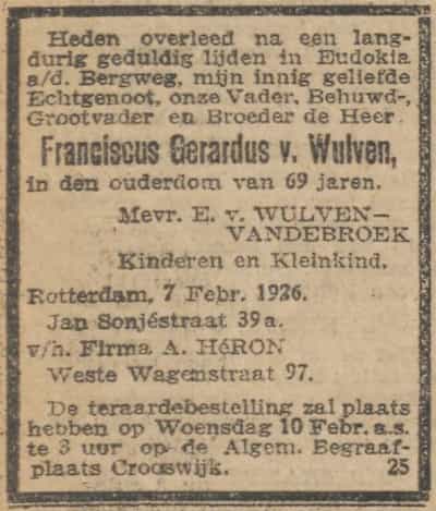 Artikel 'Fransiscus Gerardus van Wulven,' uit  van  dec 
