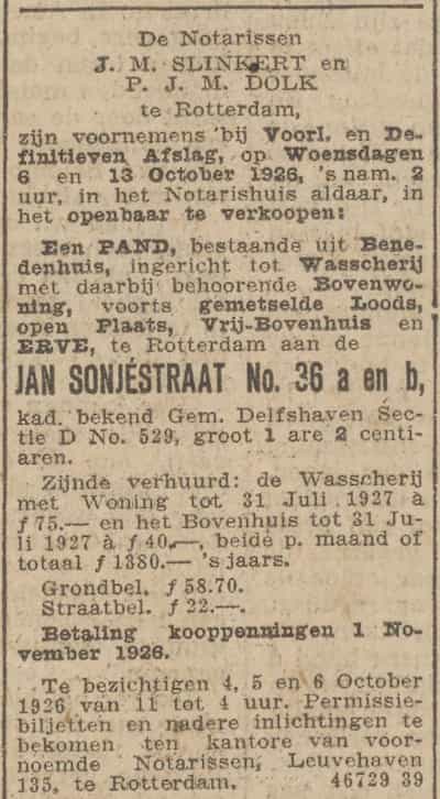 Artikel 'Jan Sonjéstraat Numero 26 a en b,' uit Rotterdamsch nieuwsblad van 2 mei 1904
