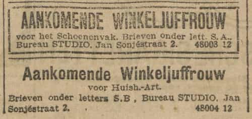 Artikel 'Aankomende Winkeljuffrouw' uit Rotterdamsch nieuwsblad van 3 mrt 1927