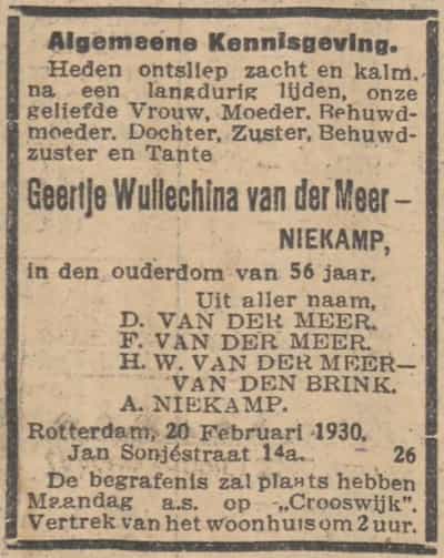 Artikel 'Geertje Wullechina van der Meer-Niekamp,' uit Rotterdamsch nieuwsblad van 2 apr 1907
