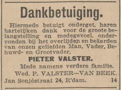Artikel 'Pieter Valster.' uit Rotterdamsch nieuwsblad van 5 mei 1909
