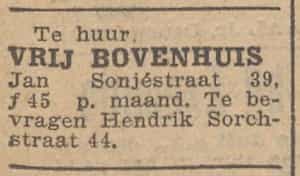 Artikel 'vrij bovenhuis' uit Rotterdamsch nieuwsblad van 2 mei 1904
