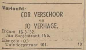 Artikel 'Cor Verschoor en Jo Verhage.' uit Rotterdamsch nieuwsblad van 2 apr 1907
