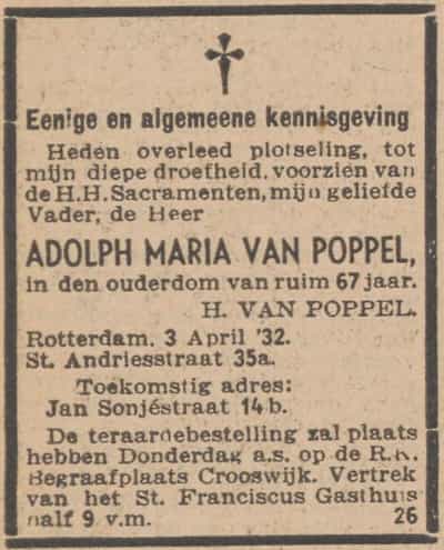 Artikel 'Adolph Maria van Poppel,' uit Rotterdamsch nieuwsblad van 2 apr 1907

