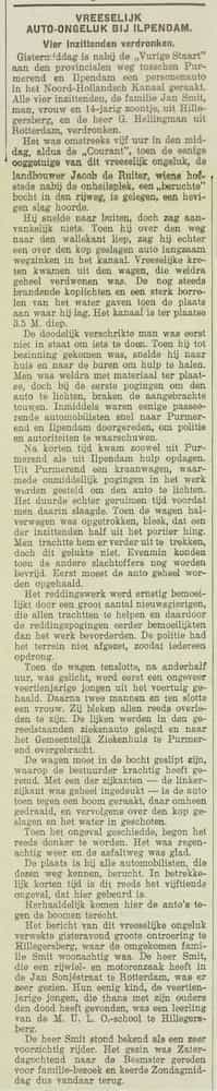 Artikel 'Vreeselijk auto-ongeluk bij Ilpendam.' uit  van  dec 
