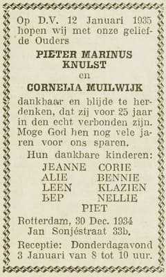 Artikel 'Pieter Marinus Knulst en Cornelia Muilwijk' uit Algemeen Dagblad van 8 apr 1982
