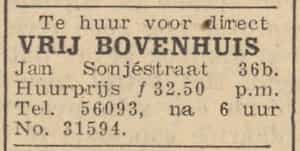 Artikel 'vrij bovenhuis' uit Rotterdamsch nieuwsblad van 2 mei 1904
