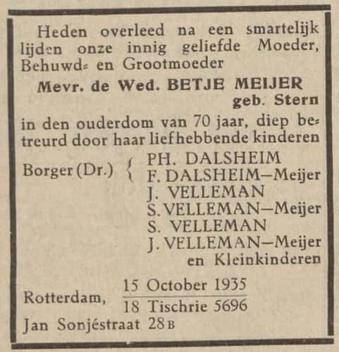 Artikel 'Mevrouw de Weduwe Betje Meijer geboren Stern' uit De Maasbode van 5 jun 1948
