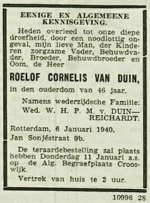 Artikel 'Roelof Cornelis van Duin,' uit De Tijd van 9 jan 1940