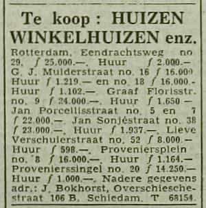 Artikel 'Te koop: huizen winkelhuizen enzovoort' uit De Maasbode van 28 okt 1926
