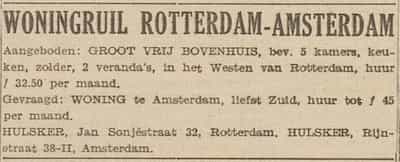 Artikel 'Woningruil Rotterdam-Amsterdam' uit Rotterdamsch nieuwsblad van 2 mei 1904
