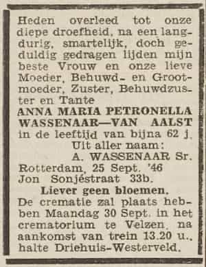 Artikel 'Anna Maria Petronella Wassenaar-van Aalst' uit Algemeen Dagblad van 8 apr 1982
