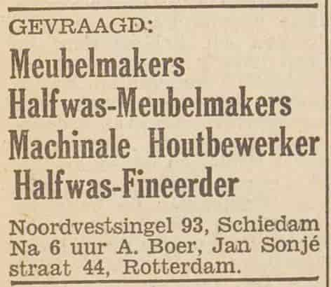 Artikel 'Meubelmakers Halfwas-Meubelmakers Machinale Houtbewerker Halfwas-Fineerder' uit Het Vrije Volk van 30 apr 1951