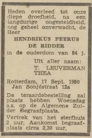 Artikel 'Hendrikus Petrus de Ridder' uit  van  dec 
