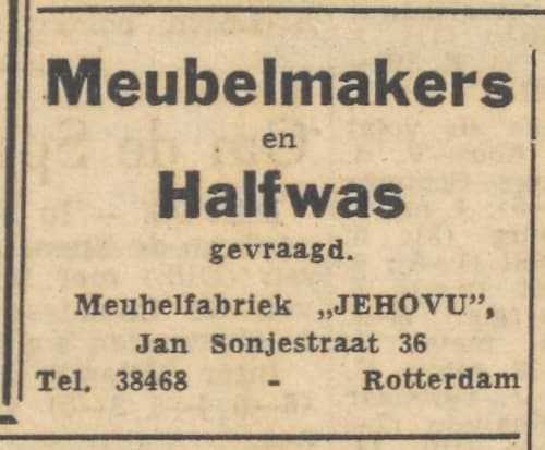 Artikel 'Meubelmakers en Halfwas gevraagd.' uit  van  dec 
