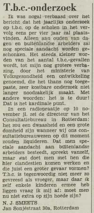 Artikel 'Tuberculose-onderzoek' uit Het Rotterdamsch parool van 6 feb 1964
