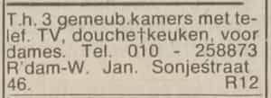 Artikel '3 gemeubileerde kamers' uit Rotterdamsch nieuwsblad van 2 mei 1904
