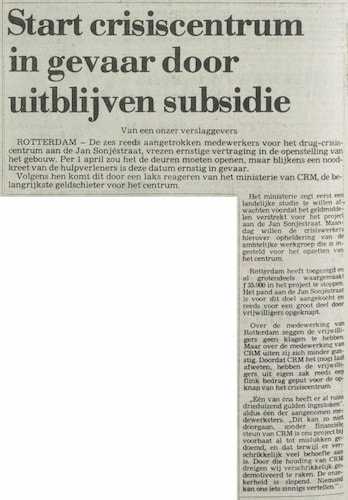 Artikel 'Start crisiscentrum in gevaar door uitblijven subsidie' uit  van  dec 

