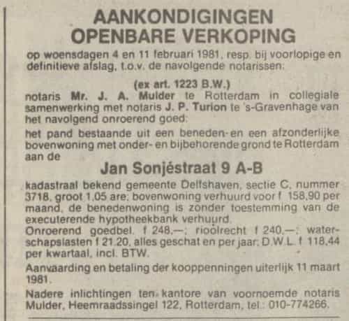 Artikel 'Aankondigingen openbare verkoping' uit Rotterdamsch nieuwsblad van 2 mei 1904
