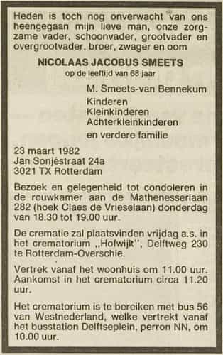 Artikel 'Nicolaas Jacobus Smeets' uit Rotterdamsch nieuwsblad van 5 mei 1909
