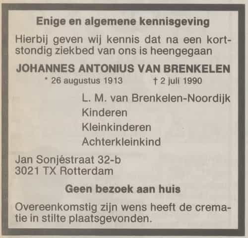 Artikel 'Johannes Antonius van Brenkelen' uit Het Rotterdamsch parool van 6 feb 1964
