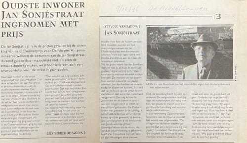Artikel 'Oudste inwoner Jan Sonjéstraat ingenomen met prijs' uit  van  dec 
