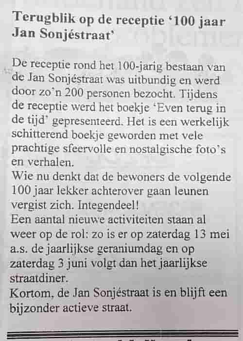Artikel 'Terugblik op de receptie ‘100 jaar Jan Sonjéstraat’' uit  van  dec 
