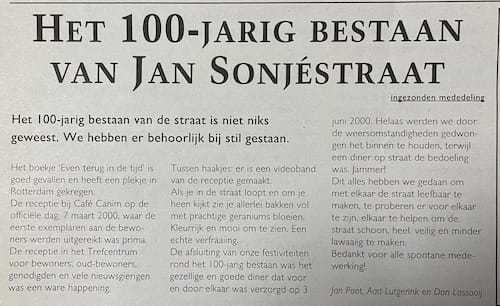 Artikel 'Het 100-jarig bestaan van Jan Sonjéstraat' uit  van  dec 

