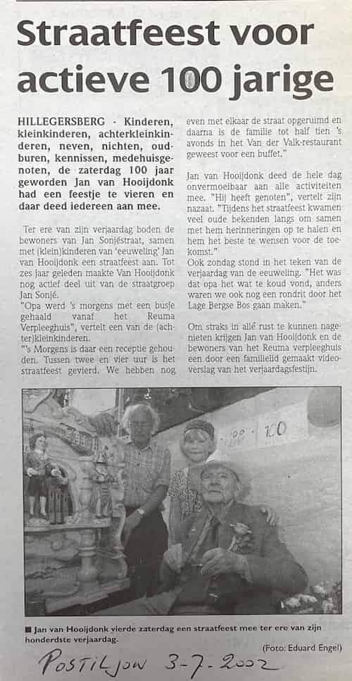 Artikel 'Straatfeest voor actieve 100 jarige' uit  van  dec 
