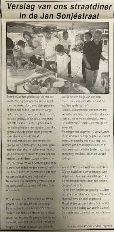 Artikel 'Verslag van ons straatdiner in de Jan Sonjéstraat' uit  van  dec 
