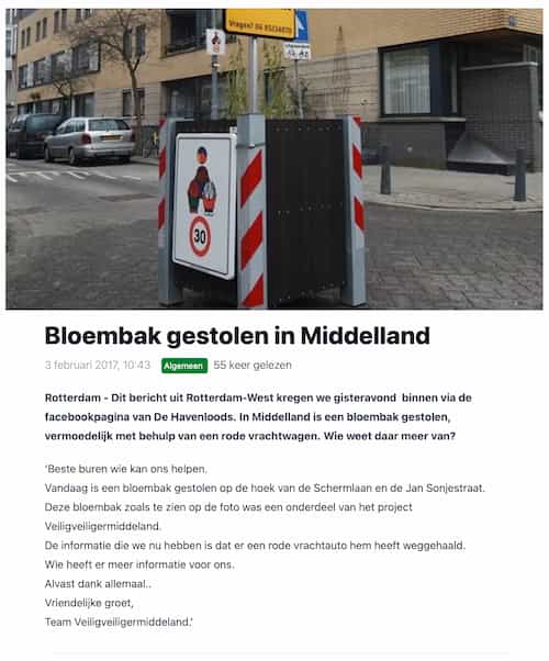 Artikel 'Bloembak gestolen in Middelland' uit  van  dec 
