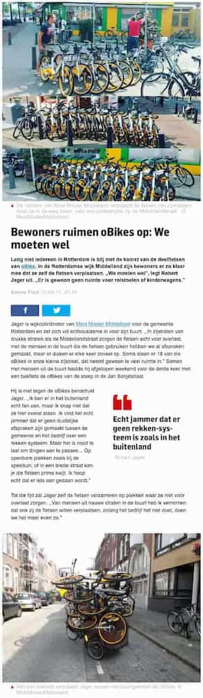 Artikel 'Bewoners ruimen oBikes op: We moeten wel' uit  van  dec 
