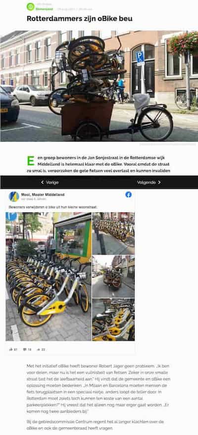 Artikel 'Rotterdammers zijn oBike beu' uit  van  dec 
