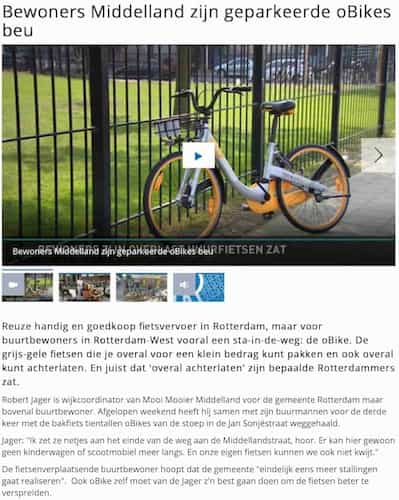 Artikel 'Bewoners Middelland zijn geparkeerde oBikes beu' uit  van  dec 
