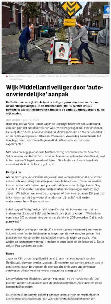 Artikel 'Wijk Middelland veiliger door ‘auto-onvriendelijke’ aanpak' uit  van  dec 
